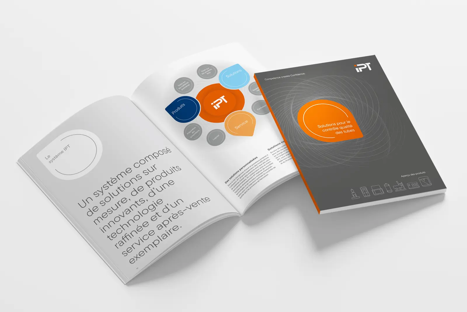 IPT Produktbroschüre Titelseite und Doppelseite mit Illustration