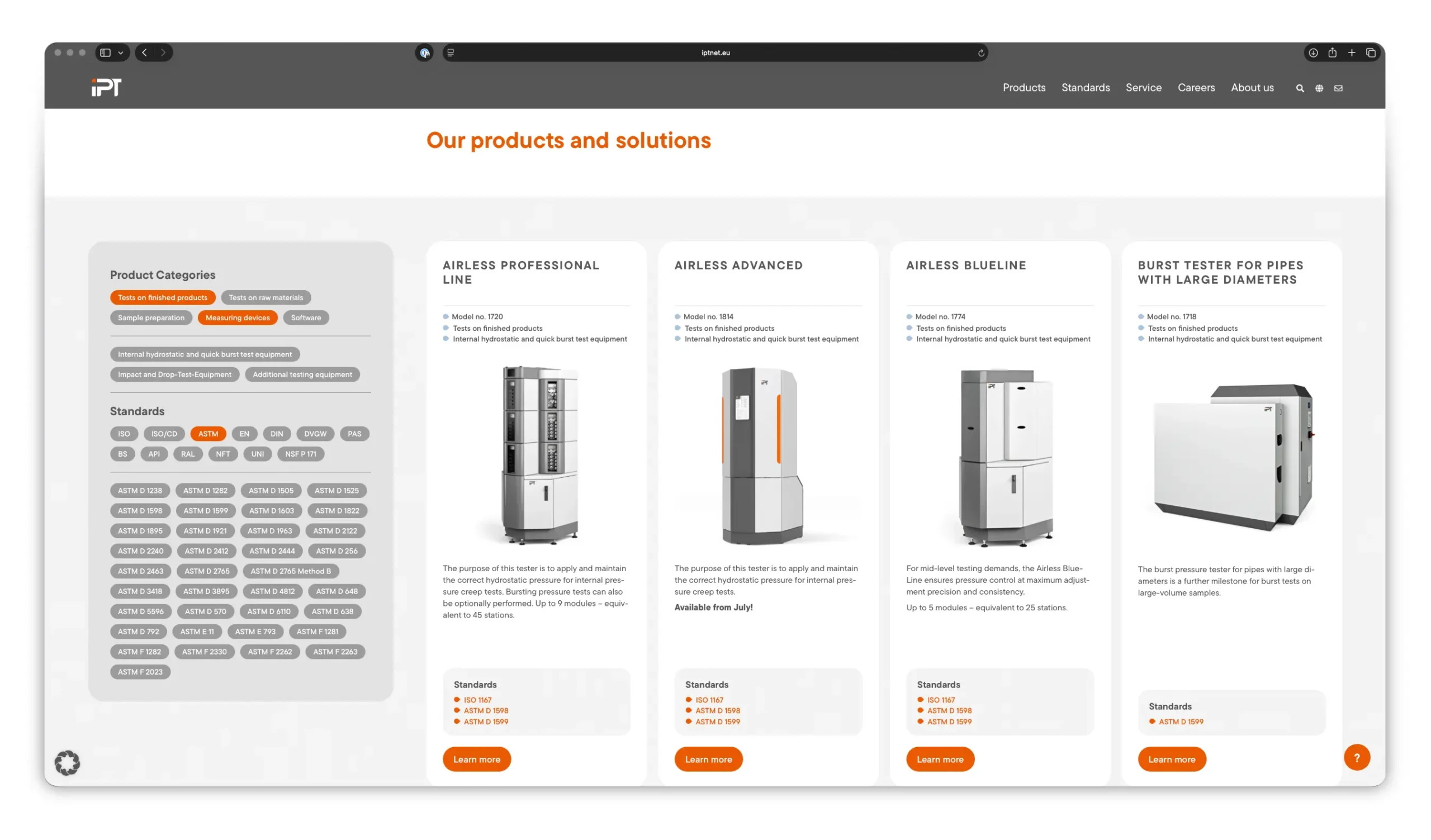 IPT Institut für Prüftechnik Website Produktseite mit Filtersystem
