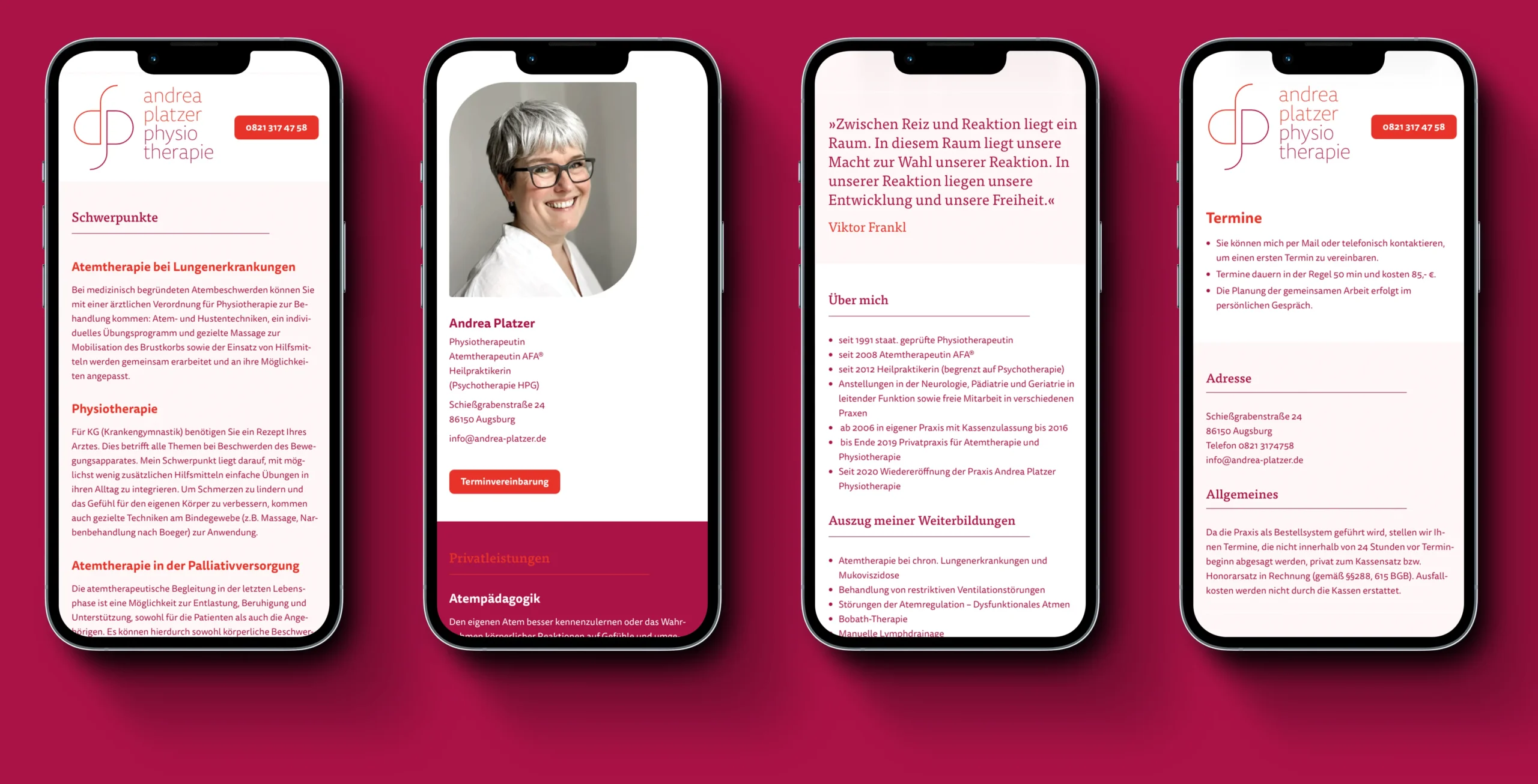 UI/UX Design am Besipiel von 4 Phone Screens für das Corporate Design von Andrea Platzer Physiotherapie