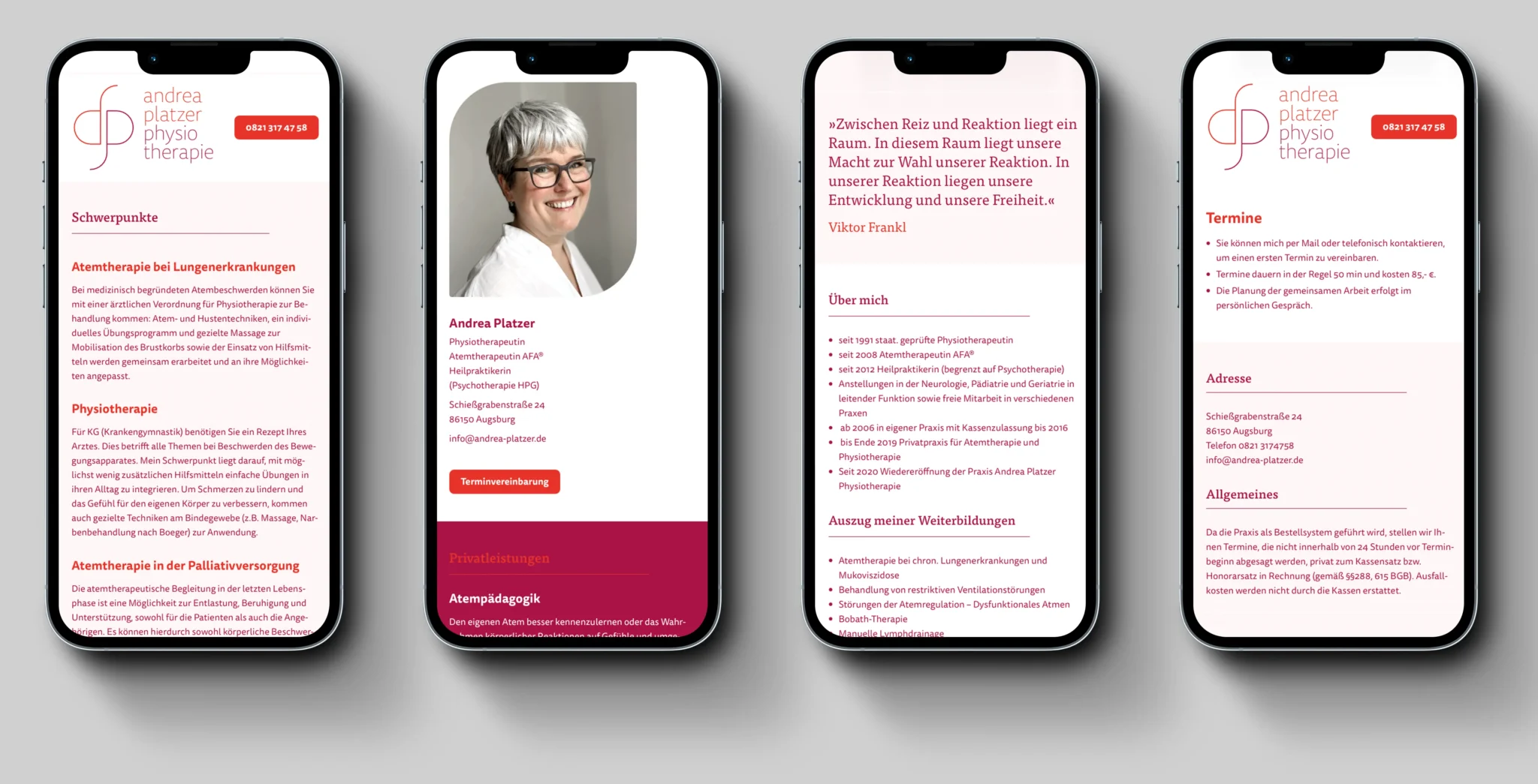 UI/UX Design am Besipiel von 4 Phone Screens f&uuml;r das Corporate Design von Andrea Platzer Physiotherapie